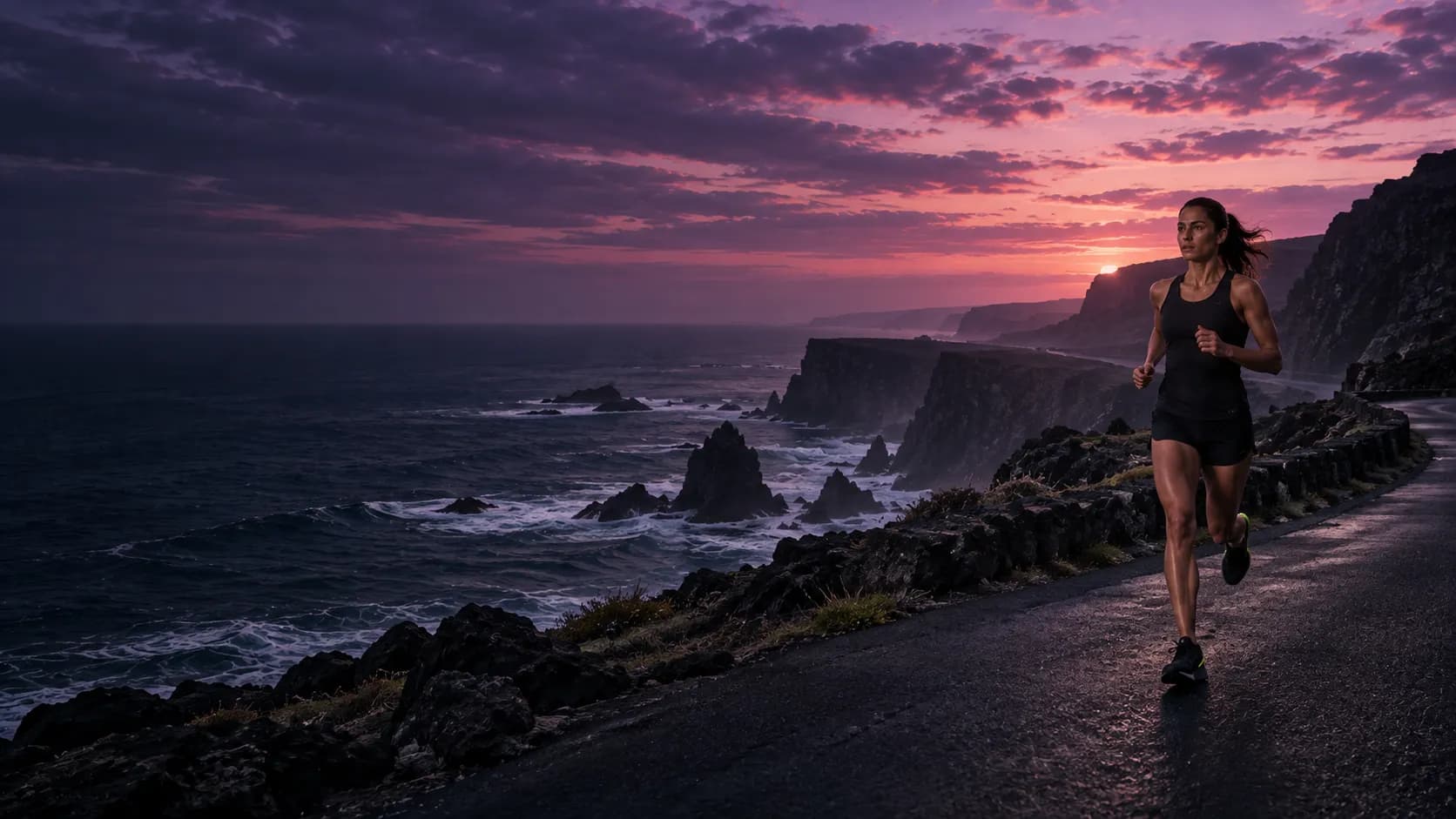 A runner on a clifftop coastal road at violet dusk, shown as a video ad on a TV, a laptop and a phone